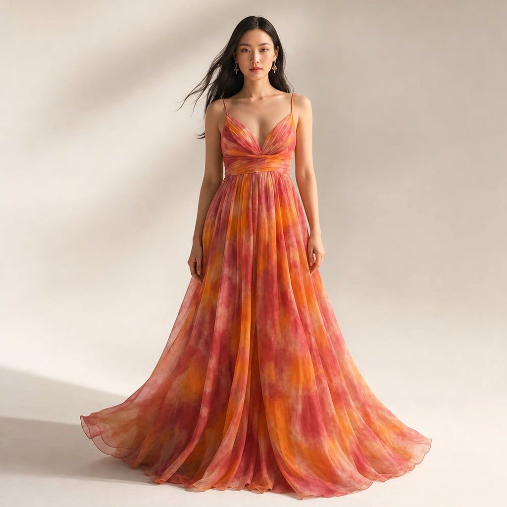 Vestido maxi de tirantes delgados con estampado abstracto multicolor en naranja, escote en V y falda fluida hasta el piso