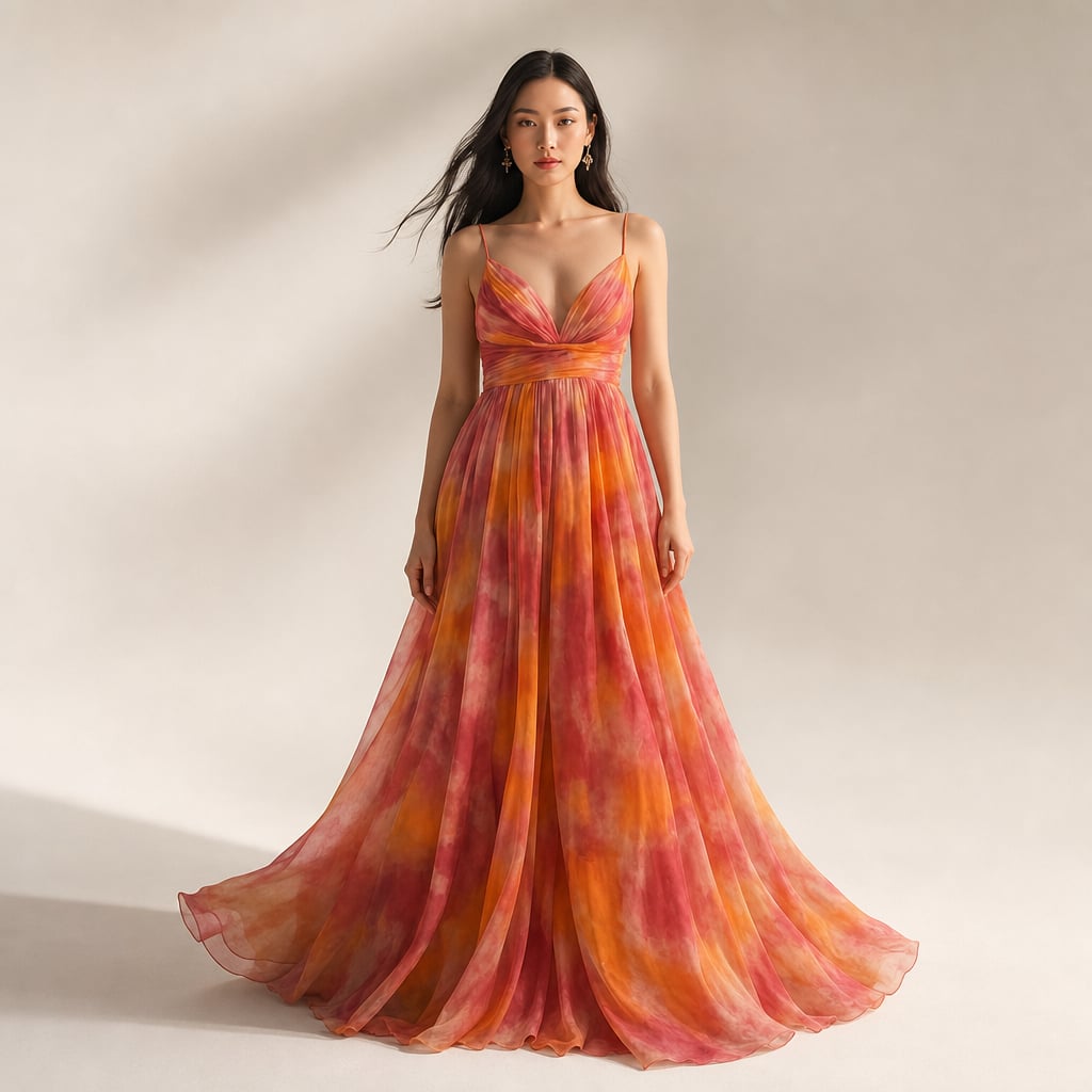 Vestido maxi de tirantes delgados con estampado abstracto multicolor en naranja, escote en V y falda fluida hasta el piso