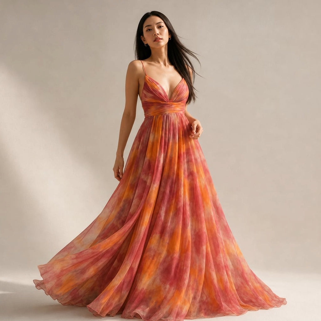 Mujer de pie con vestido maxi naranja de cuerpo entallado y falda suelta con estampado abstracto