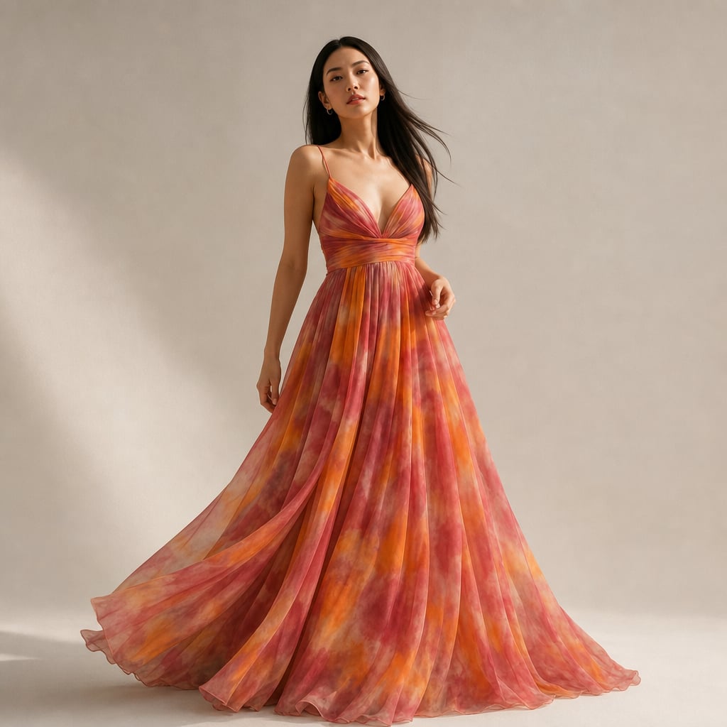 Mujer de pie con vestido maxi naranja de cuerpo entallado y falda suelta con estampado abstracto