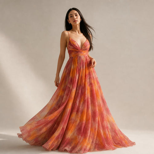Mujer de pie con vestido maxi naranja de cuerpo entallado y falda suelta con estampado abstracto