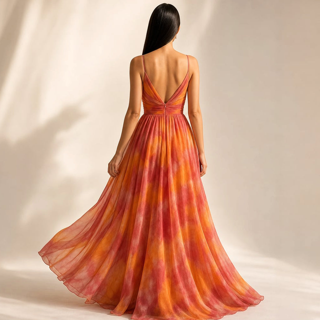 Vestido maxi estampado abstracto escote en V tirantes delgados – Labetina