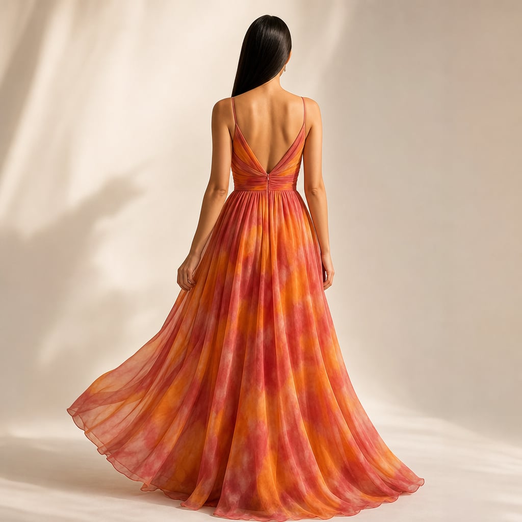 Vestido maxi estampado abstracto escote en V tirantes delgados – Labetina