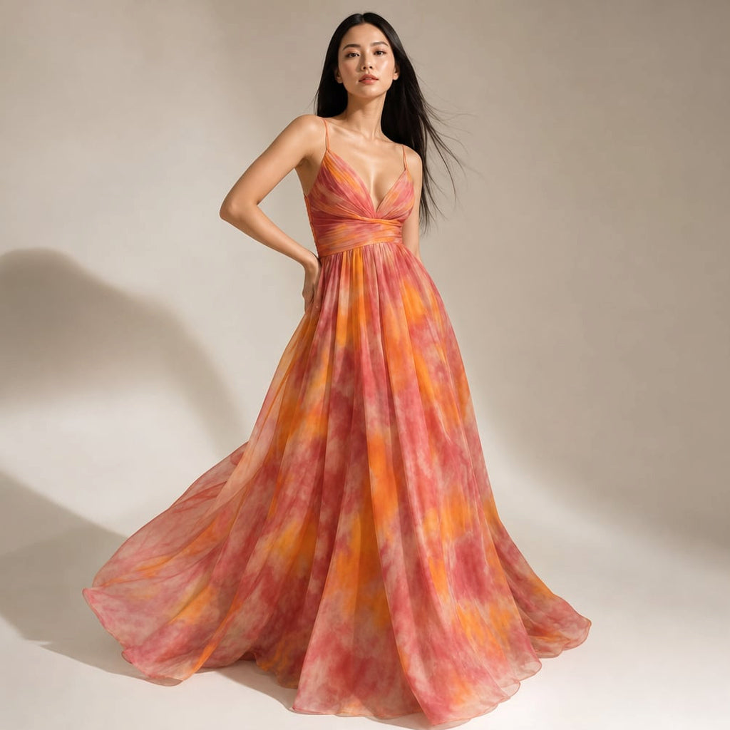 Vestido maxi estampado abstracto escote en V tirantes delgados – Labetina