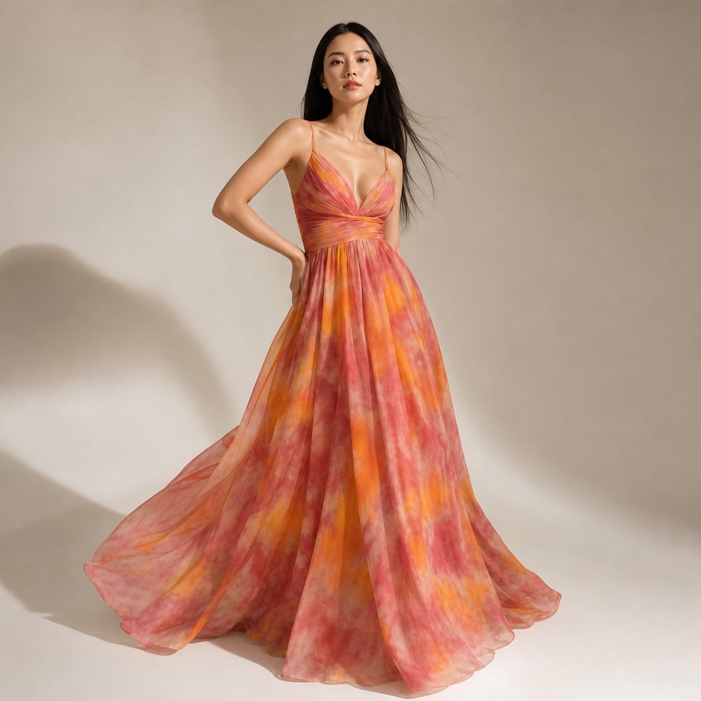 Vestido maxi estampado abstracto escote en V tirantes delgados – Labetina