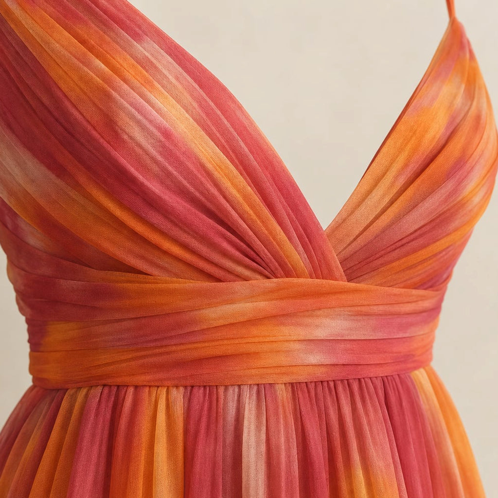 Vestido maxi estampado abstracto escote en V tirantes delgados – Labetina