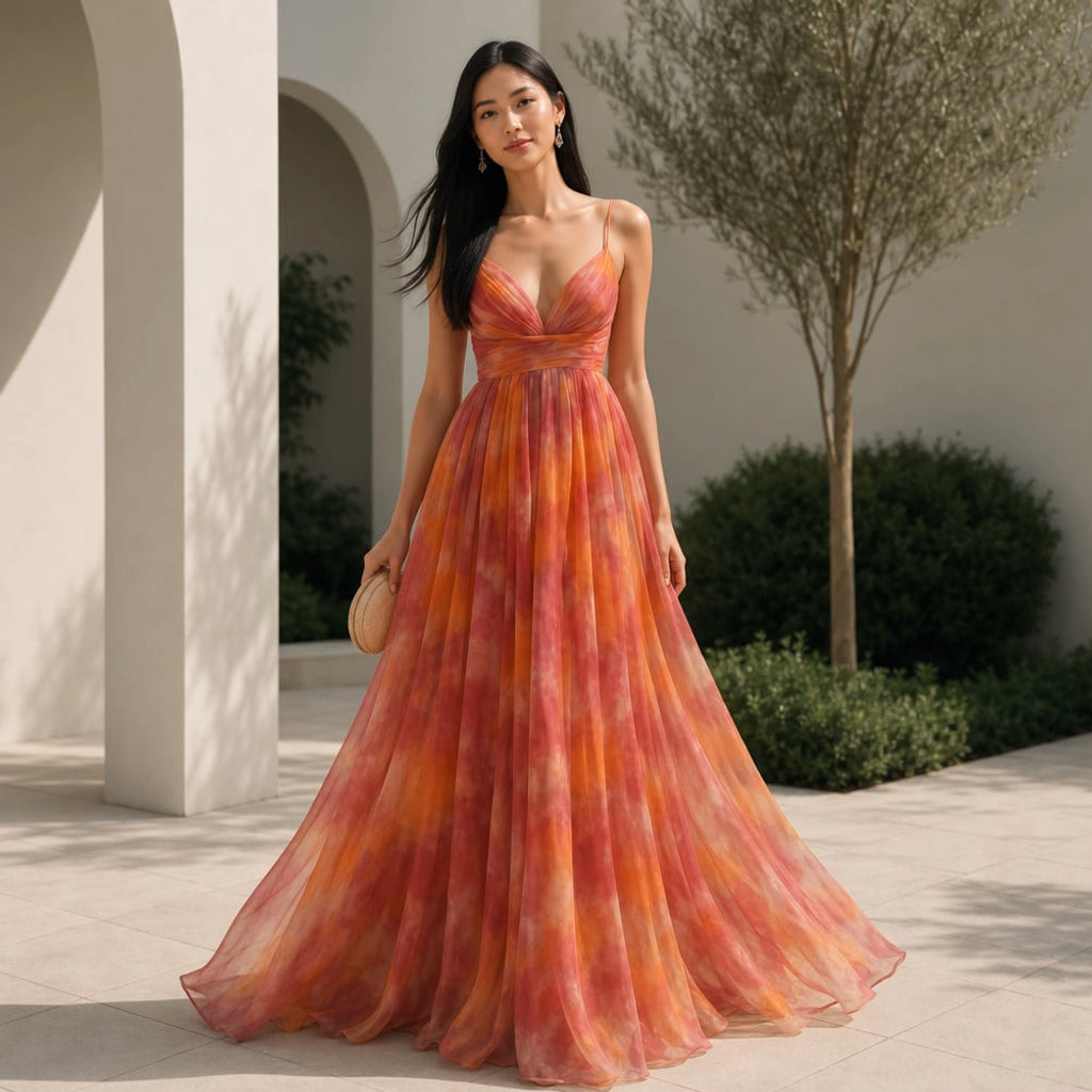 Vestido maxi estampado abstracto escote en V tirantes delgados – Labetina