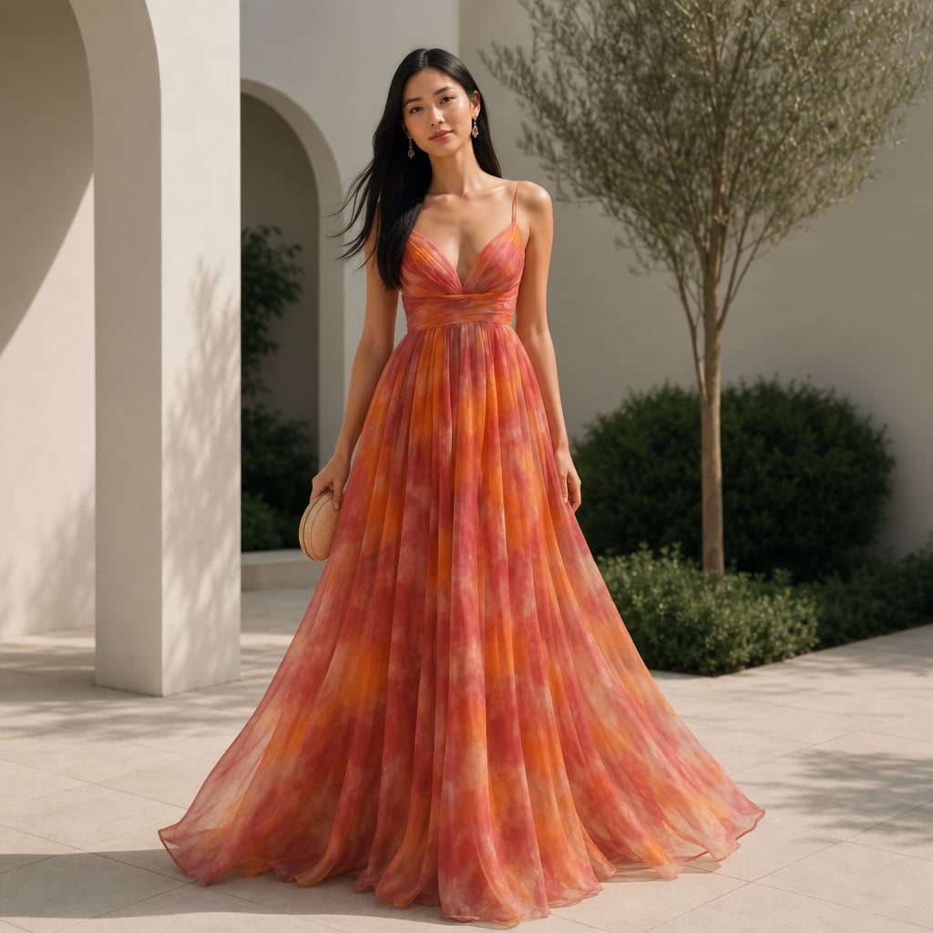 Vestido maxi estampado abstracto escote en V tirantes delgados – Labetina