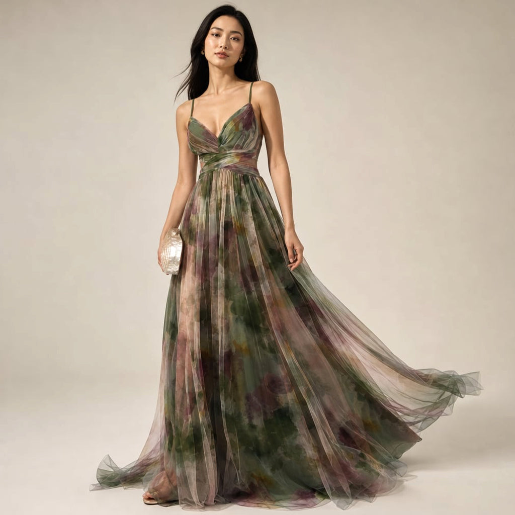 Vestido maxi estampado abstracto escote en V tirantes delgados en Green – Labetina