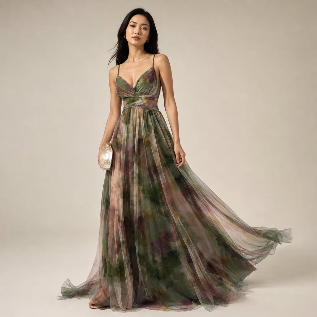 Vestido maxi estampado abstracto escote en V tirantes delgados en Green – Labetina
