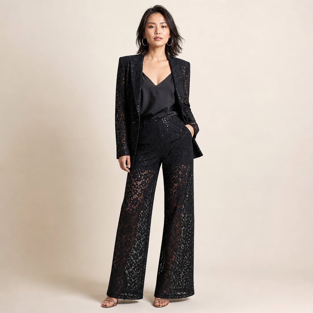 Set de dos piezas en encaje floral negro con blazer peplum de un botón y pantalón wide-leg de piso, vista frontal completa