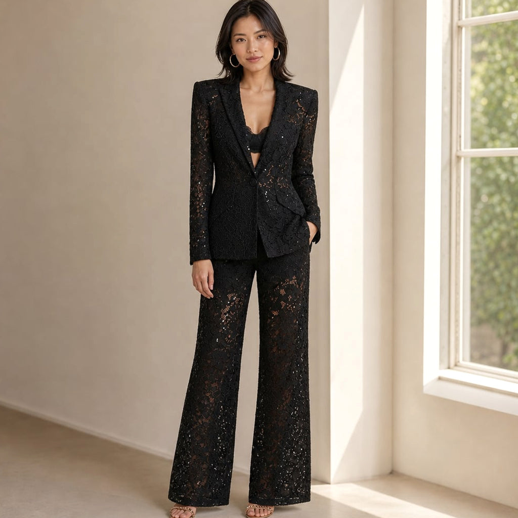 Set de encaje floral peplum blazer y pantalón wide-leg – Labetina