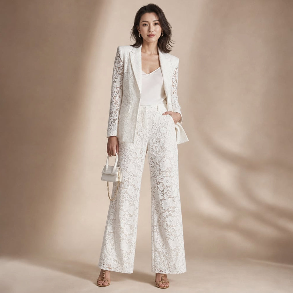 Set de encaje floral peplum blazer y pantalón wide-leg en White – Labetina