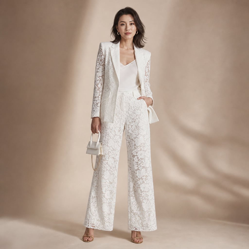 Set de encaje floral peplum blazer y pantalón wide-leg en White – Labetina