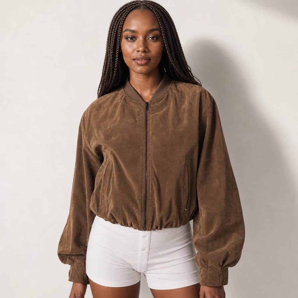 Bomber oversize café con textura tipo serpiente, vista frontal con cierre subido