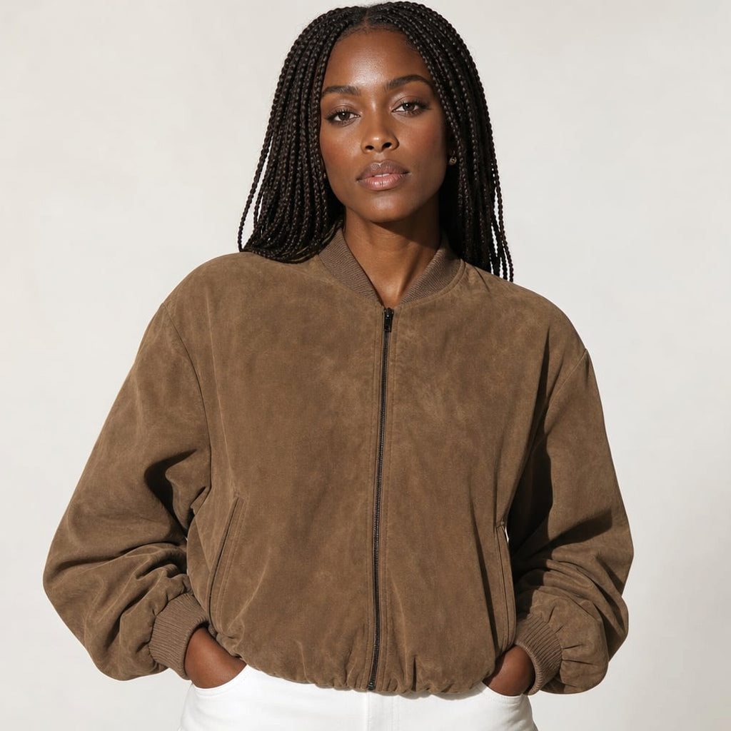 Modelo de frente usando bomber café oversize de textura en relieve con puños elastizados