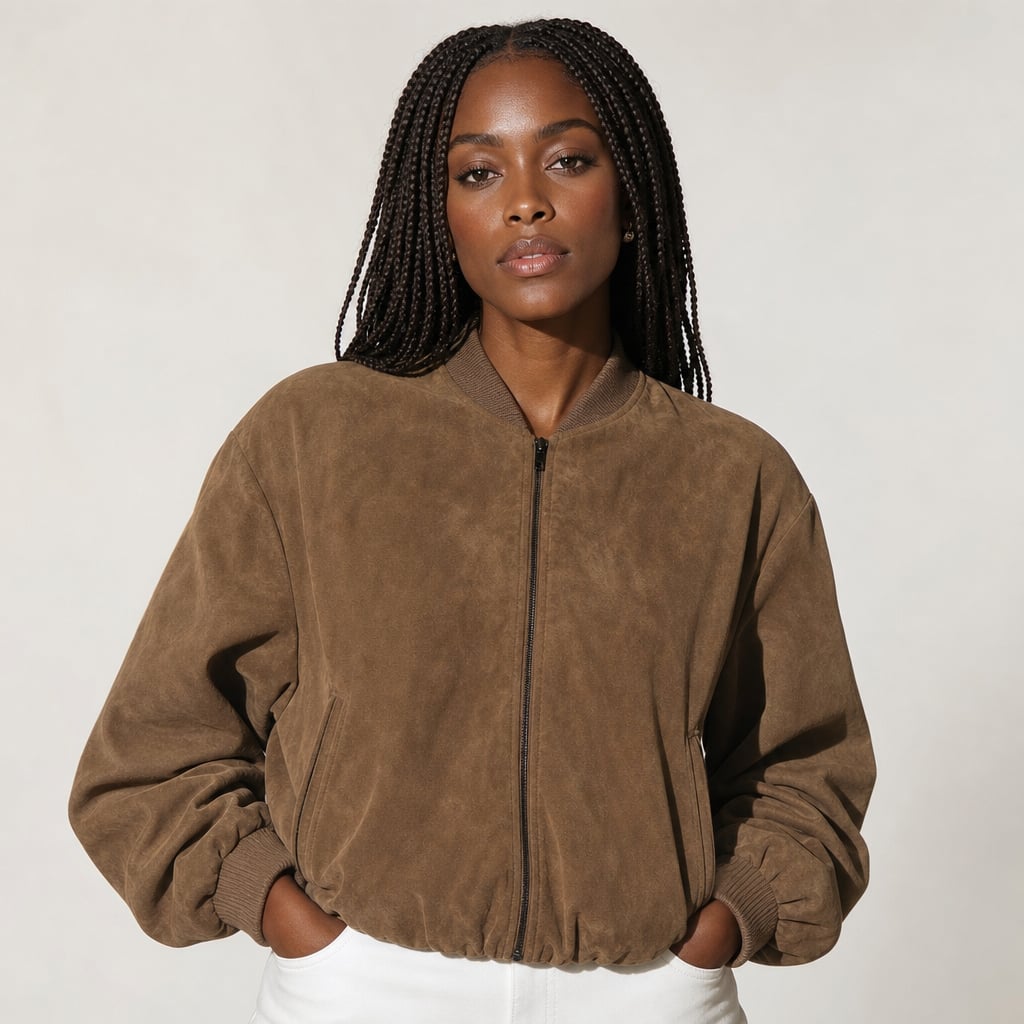 Modelo de frente usando bomber café oversize de textura en relieve con puños elastizados