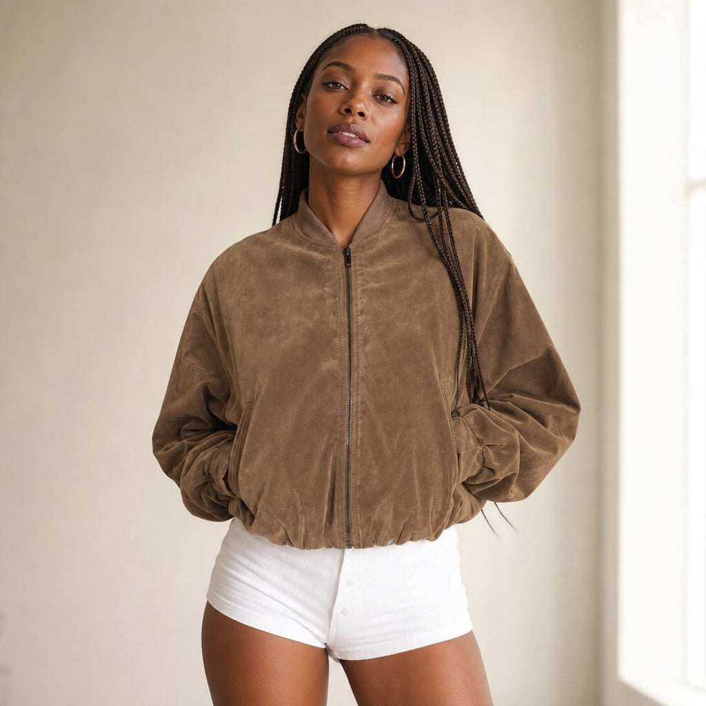 Bomber de textura serpiente oversize color café – Labetina