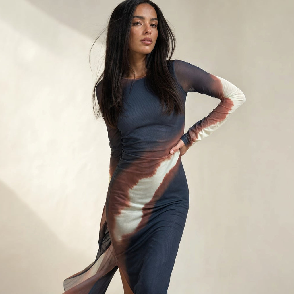 Vestido midi de punto cuello alto manga larga abertura Mars – Labetina