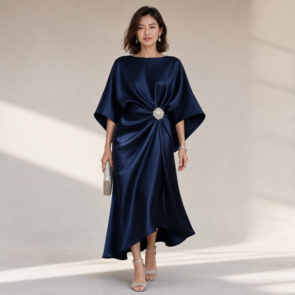 Vestido midi de punto satinado azul marino con mangas kimono anchas y broche de cristal en la cintura, vista frontal completa