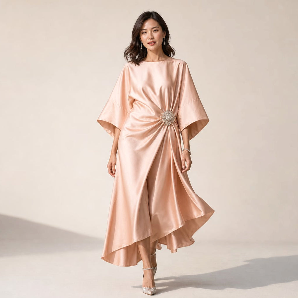 Vestido midi de punto manga kimono con broche de cristal en Peach – Labetina