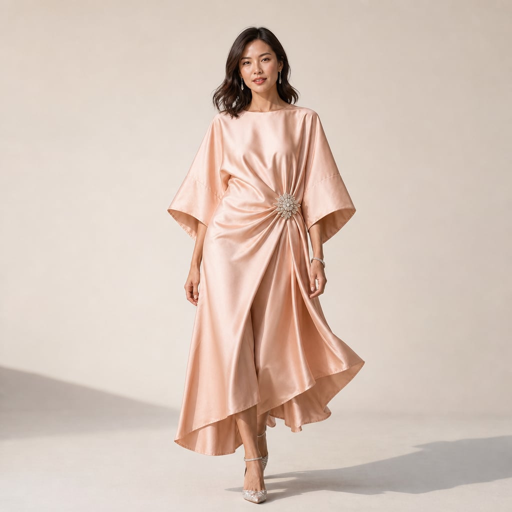 Vestido midi de punto manga kimono con broche de cristal en Peach – Labetina