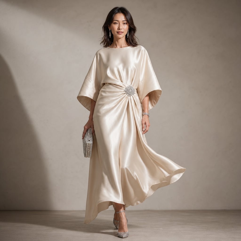 Vestido midi de punto manga kimono con broche de cristal en Cream – Labetina