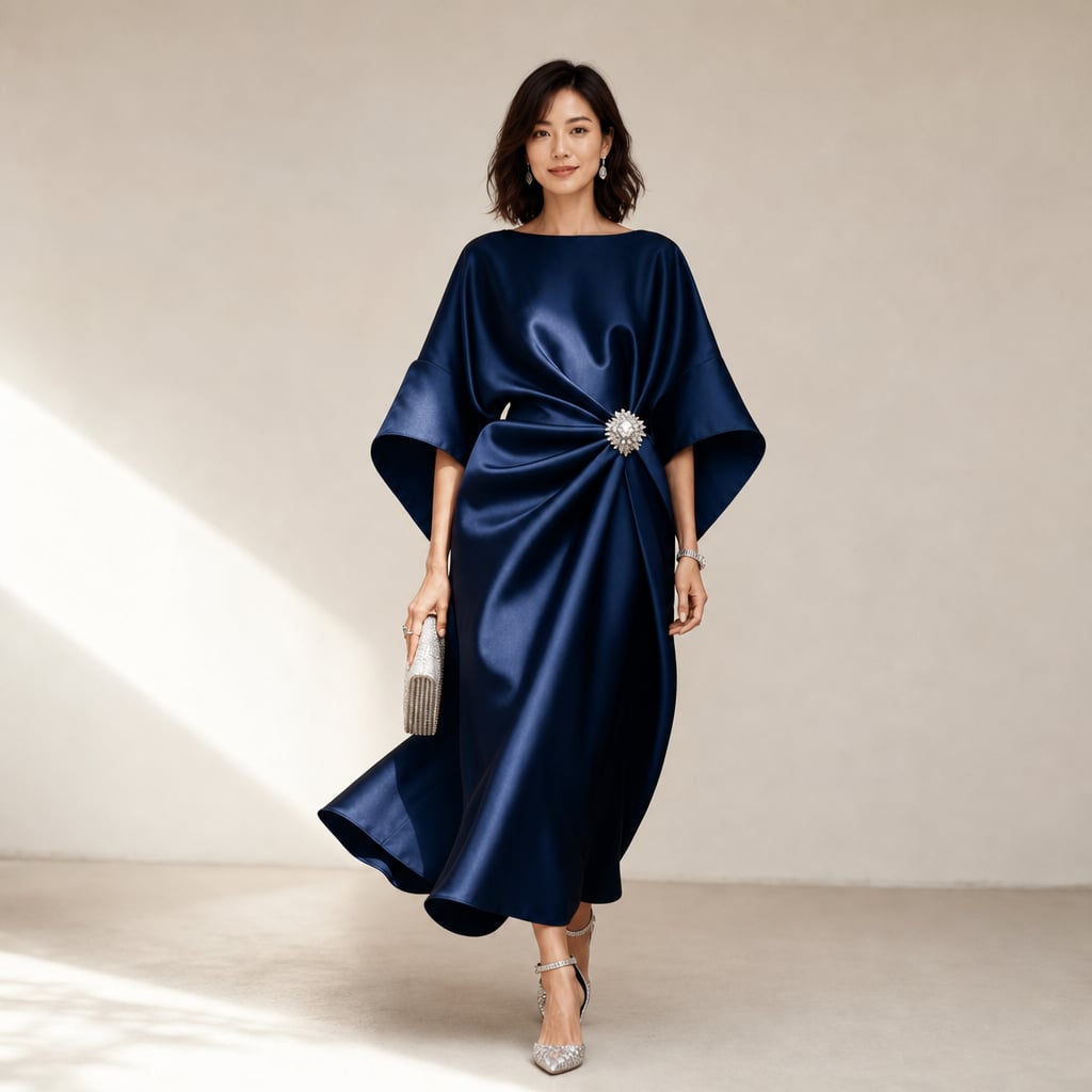 Modelo lleva vestido midi azul marino de punto con acabado satinado, mangas kimono y broche de cristal, posando de frente