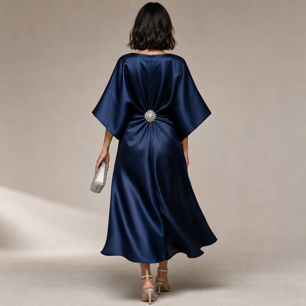 Vestido midi de punto manga kimono con broche de cristal – Labetina