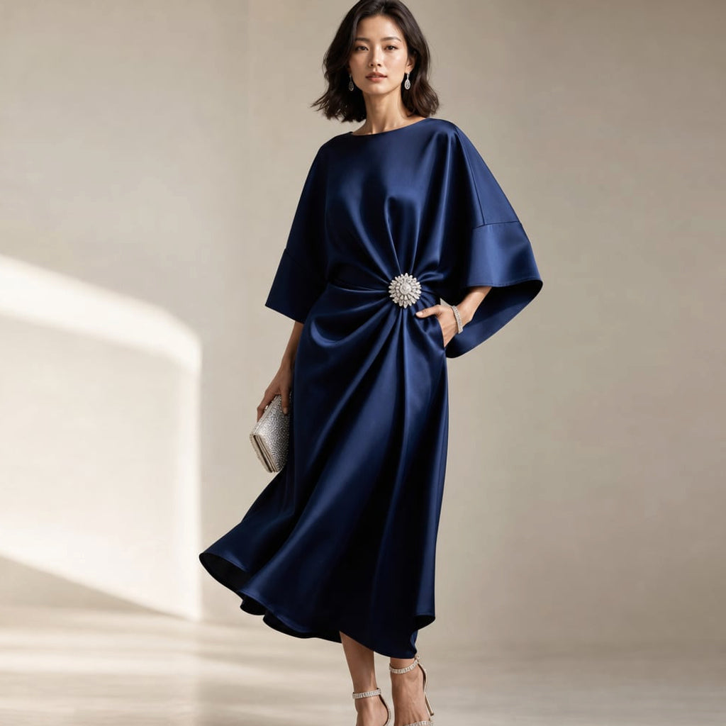 Vestido midi de punto manga kimono con broche de cristal – Labetina