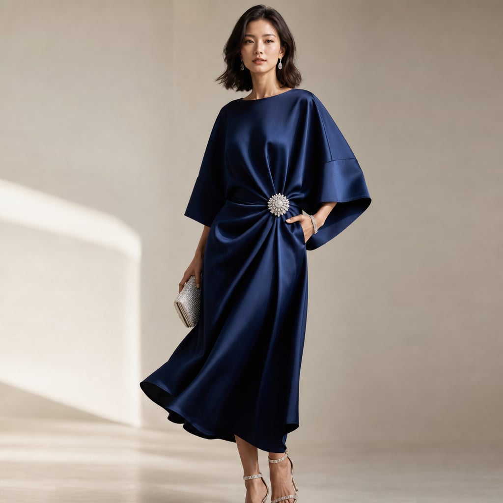Vestido midi de punto manga kimono con broche de cristal – Labetina