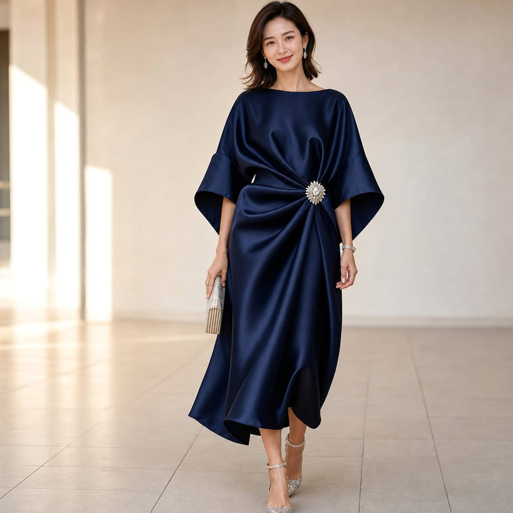 Vestido midi de punto manga kimono con broche de cristal – Labetina