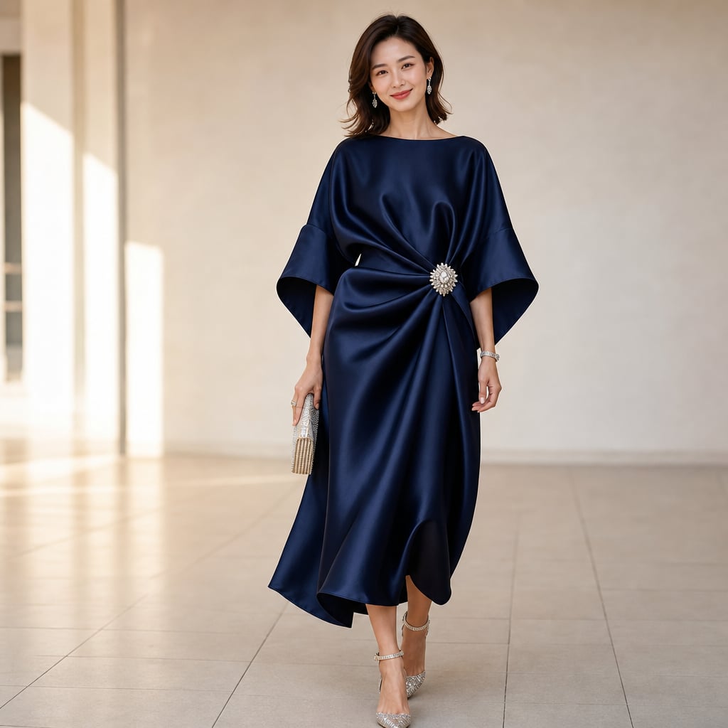 Vestido midi de punto manga kimono con broche de cristal – Labetina