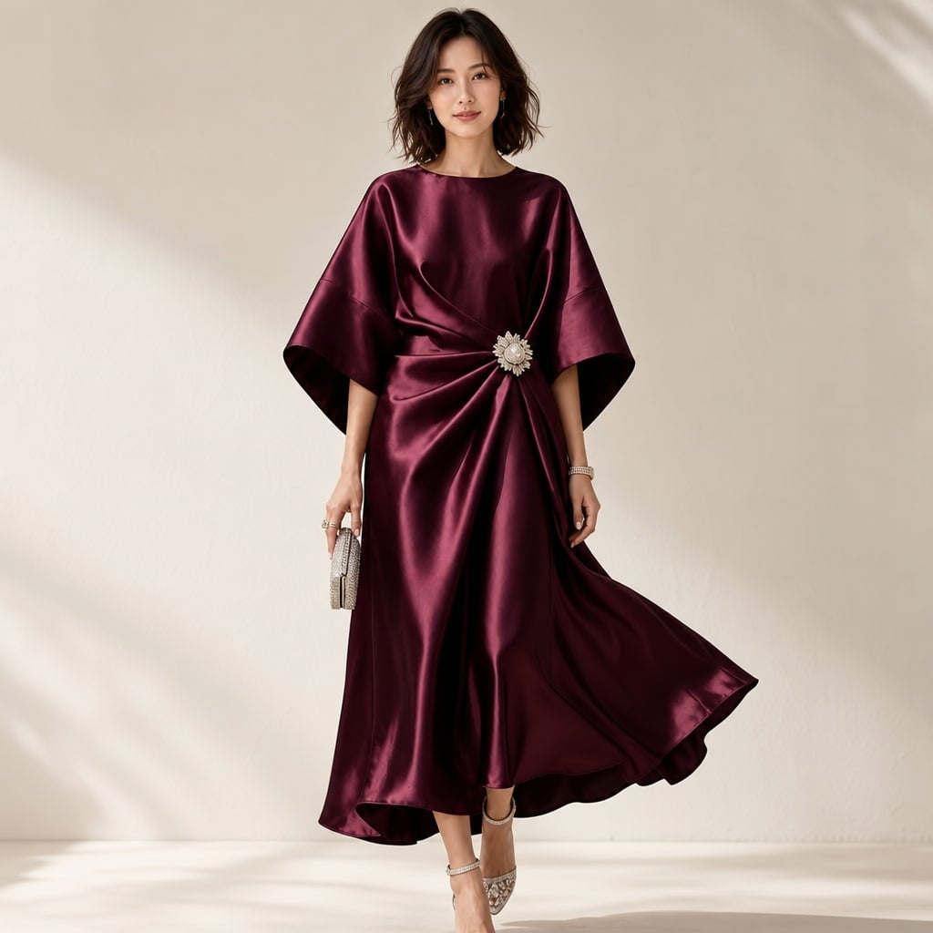 Vestido midi de punto manga kimono con broche de cristal en Burgundy – Labetina