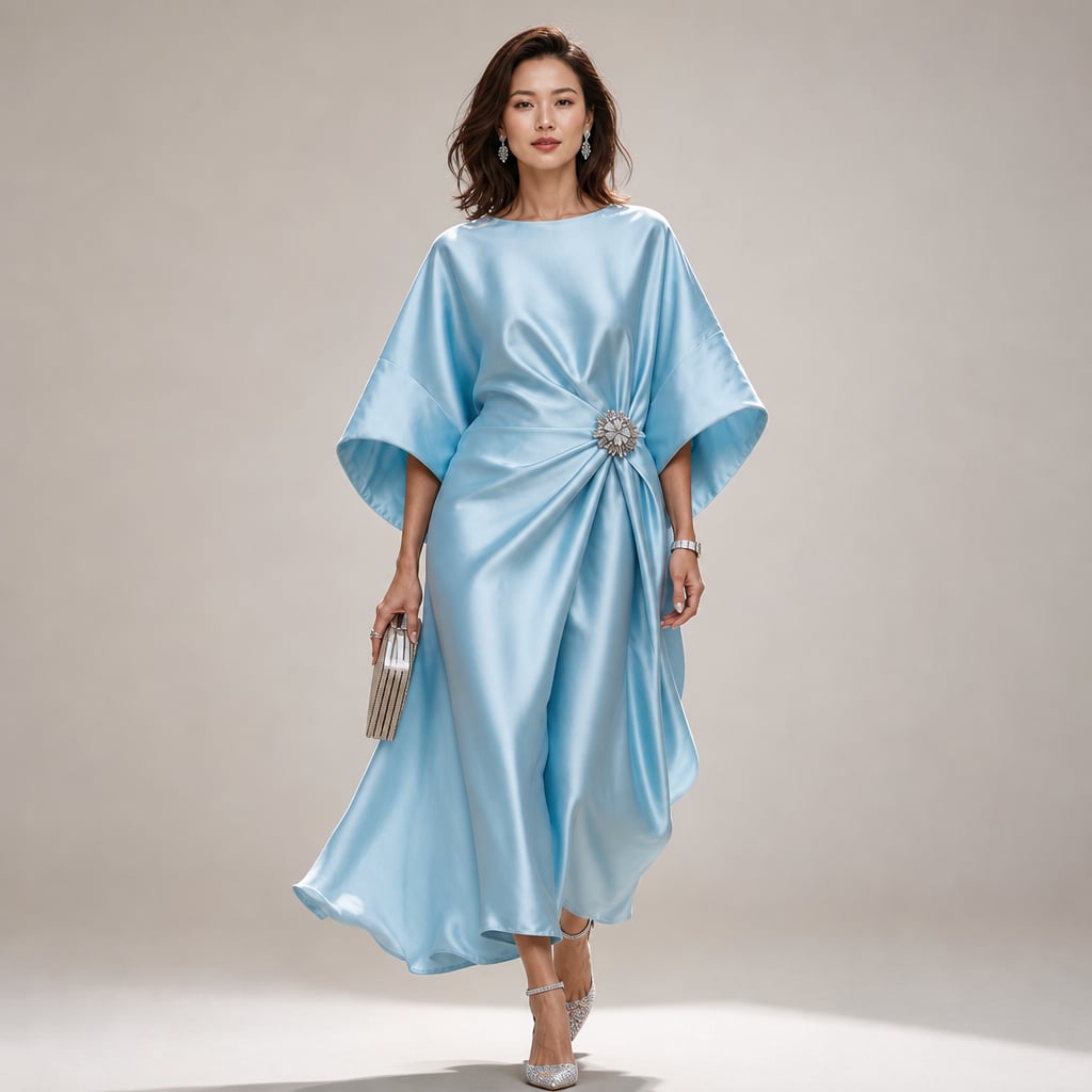Vestido midi de punto manga kimono con broche de cristal en Light Blue – Labetina