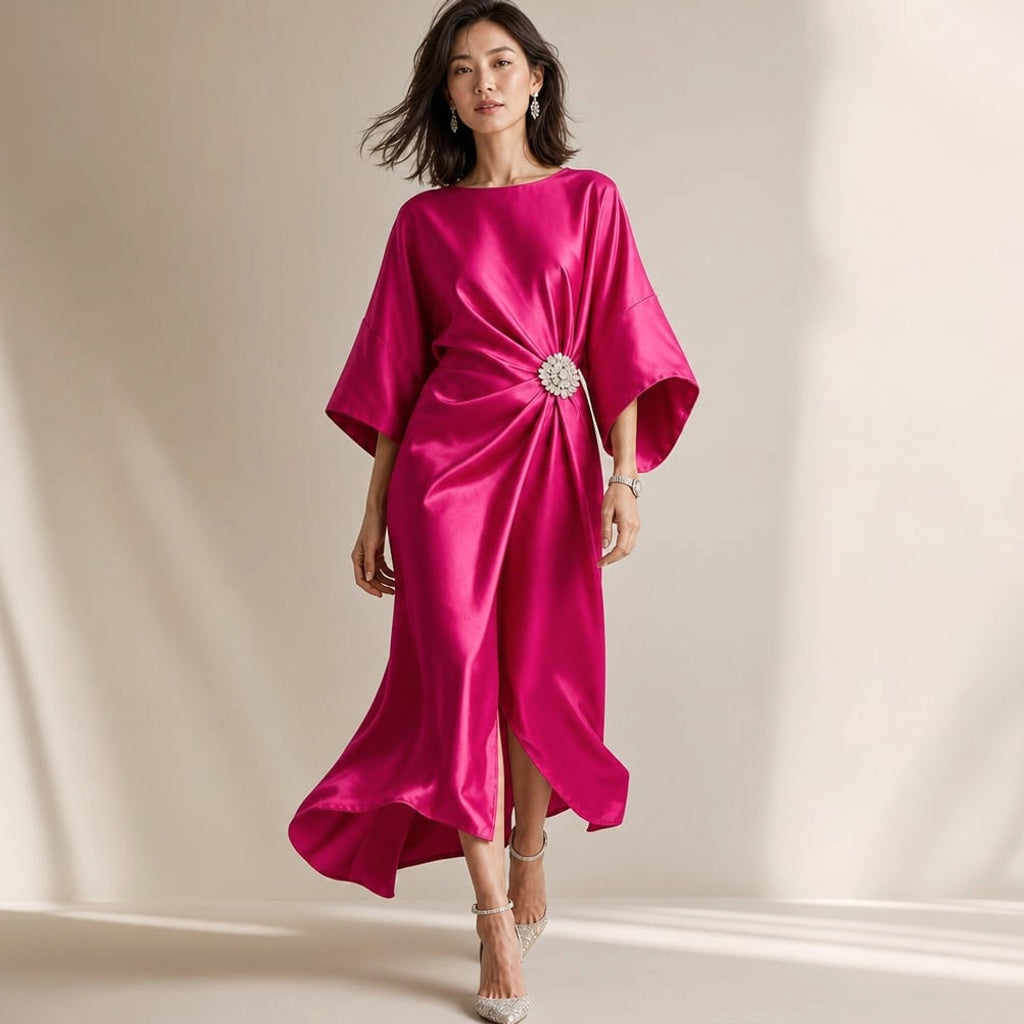 Vestido midi de punto manga kimono con broche de cristal en Hot Pink – Labetina