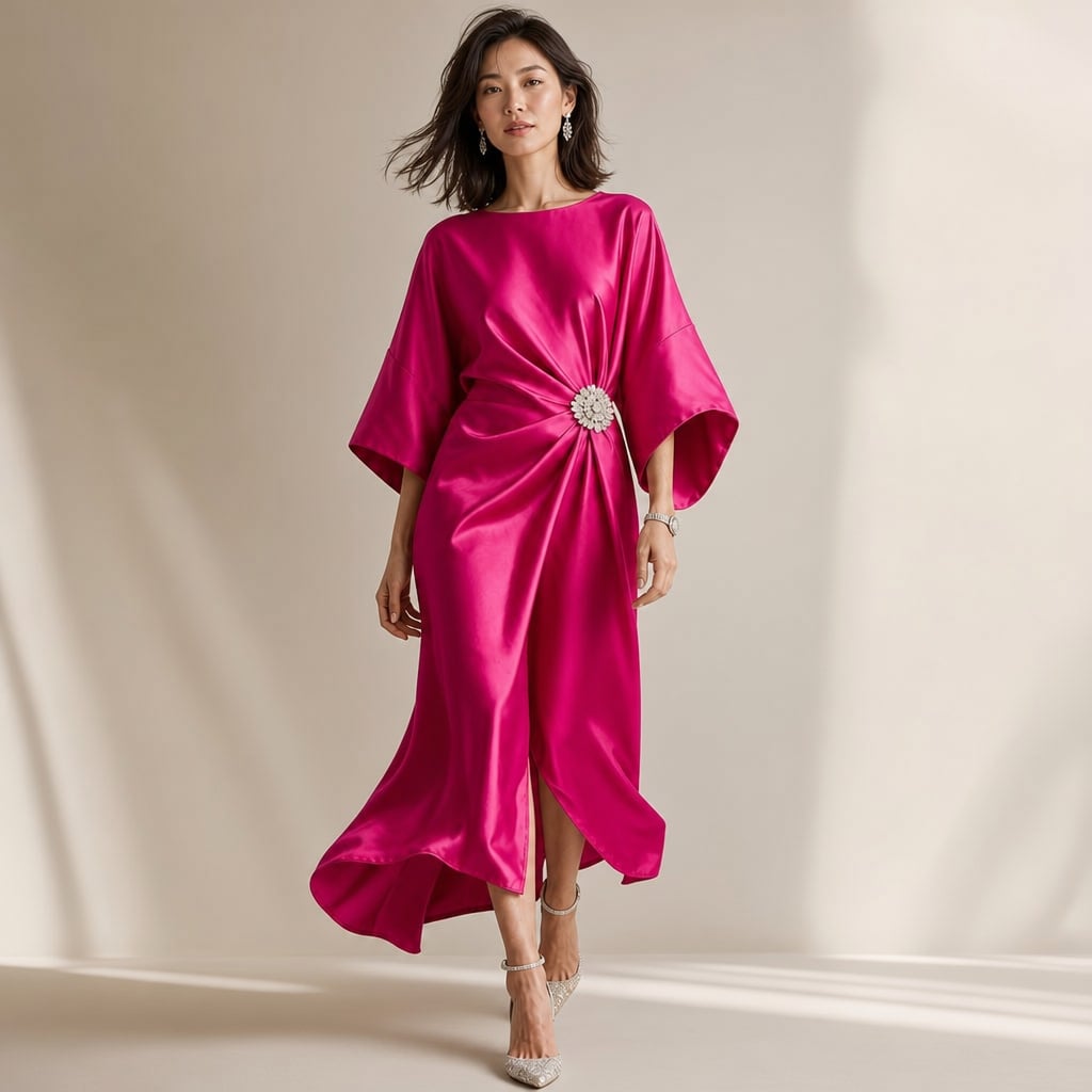 Vestido midi de punto manga kimono con broche de cristal en Hot Pink – Labetina