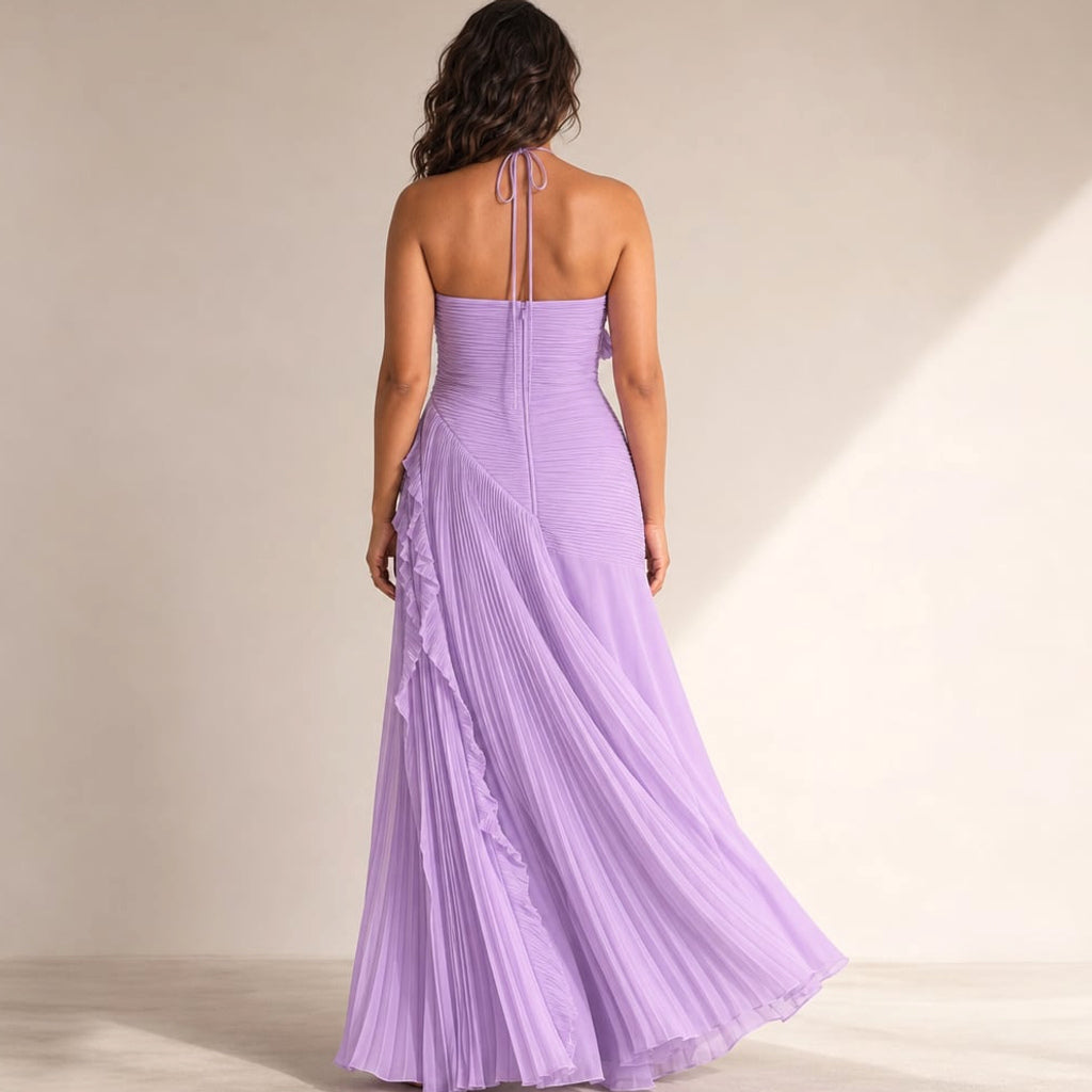 Vestido maxi halter con volantes plisados asimétrico – Labetina
