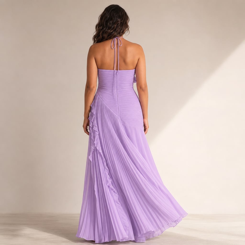 Vestido maxi halter con volantes plisados asimétrico – Labetina