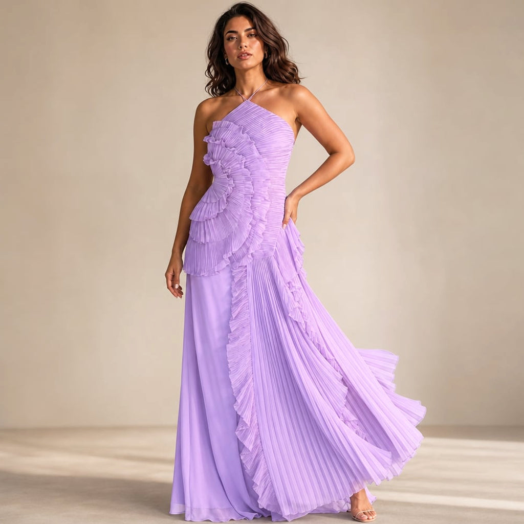 Vestido maxi halter con volantes plisados asimétrico – Labetina