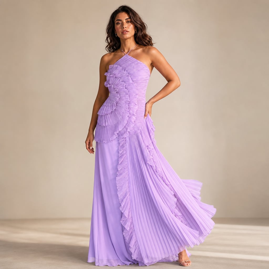 Vestido maxi halter con volantes plisados asimétrico – Labetina