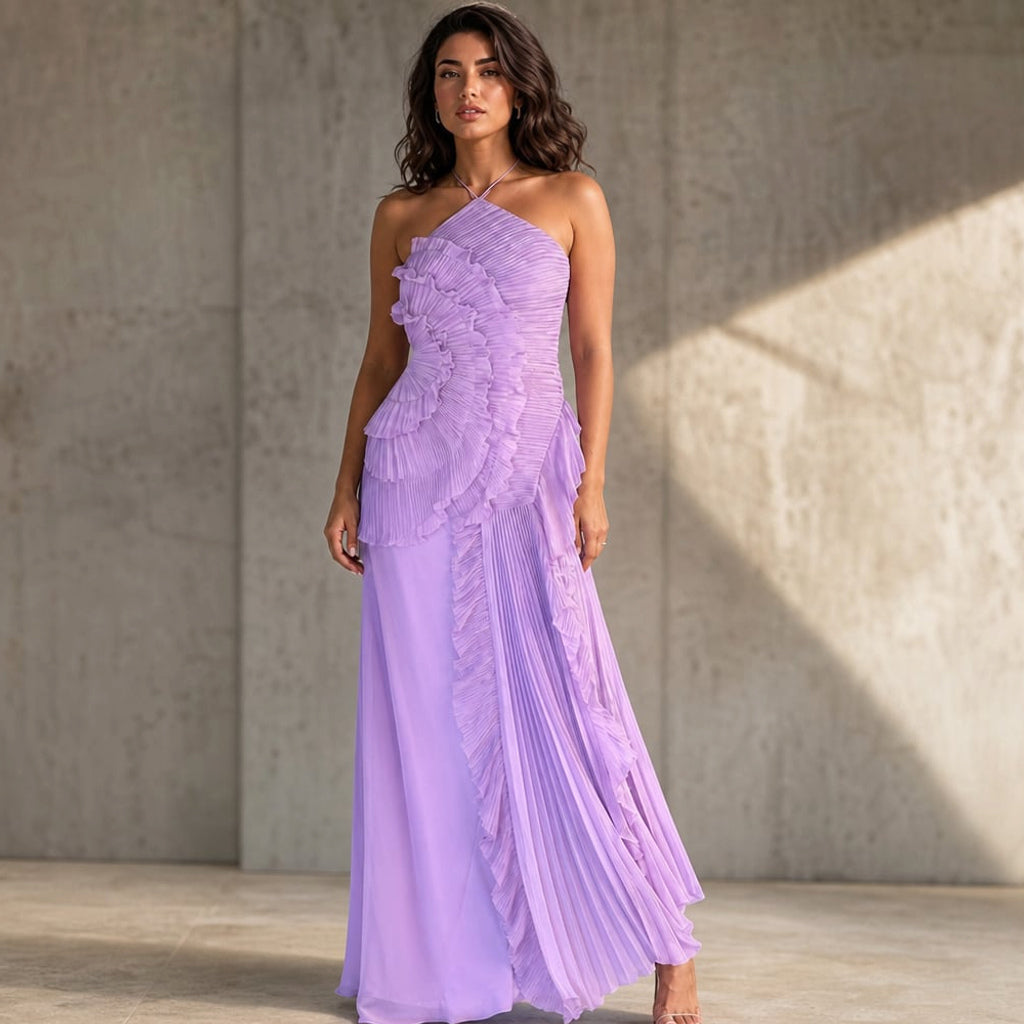 Vestido maxi halter con volantes plisados asimétrico – Labetina