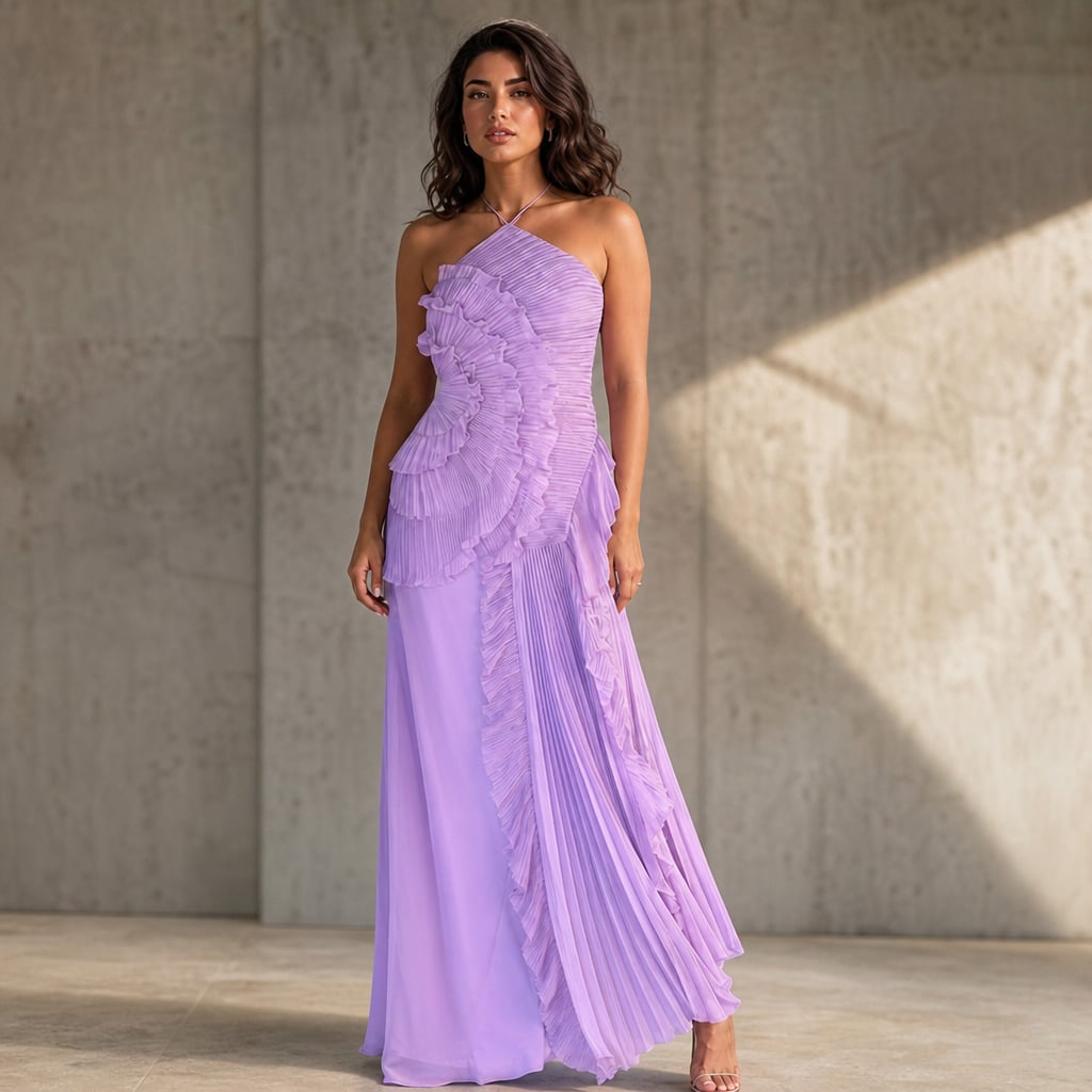 Vestido maxi halter con volantes plisados asimétrico – Labetina