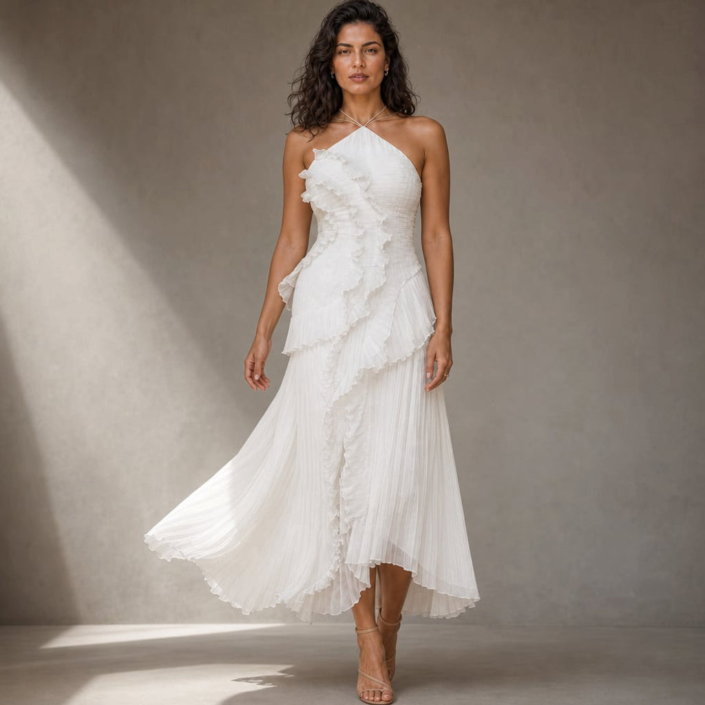 Vestido maxi halter con volantes plisados asimétrico en White – Labetina