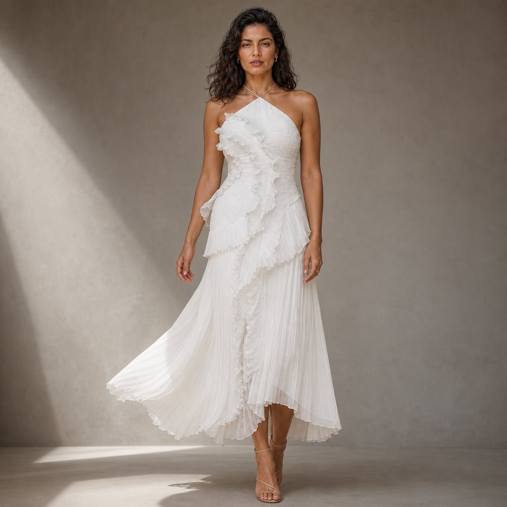 Vestido maxi halter con volantes plisados asimétrico en White – Labetina