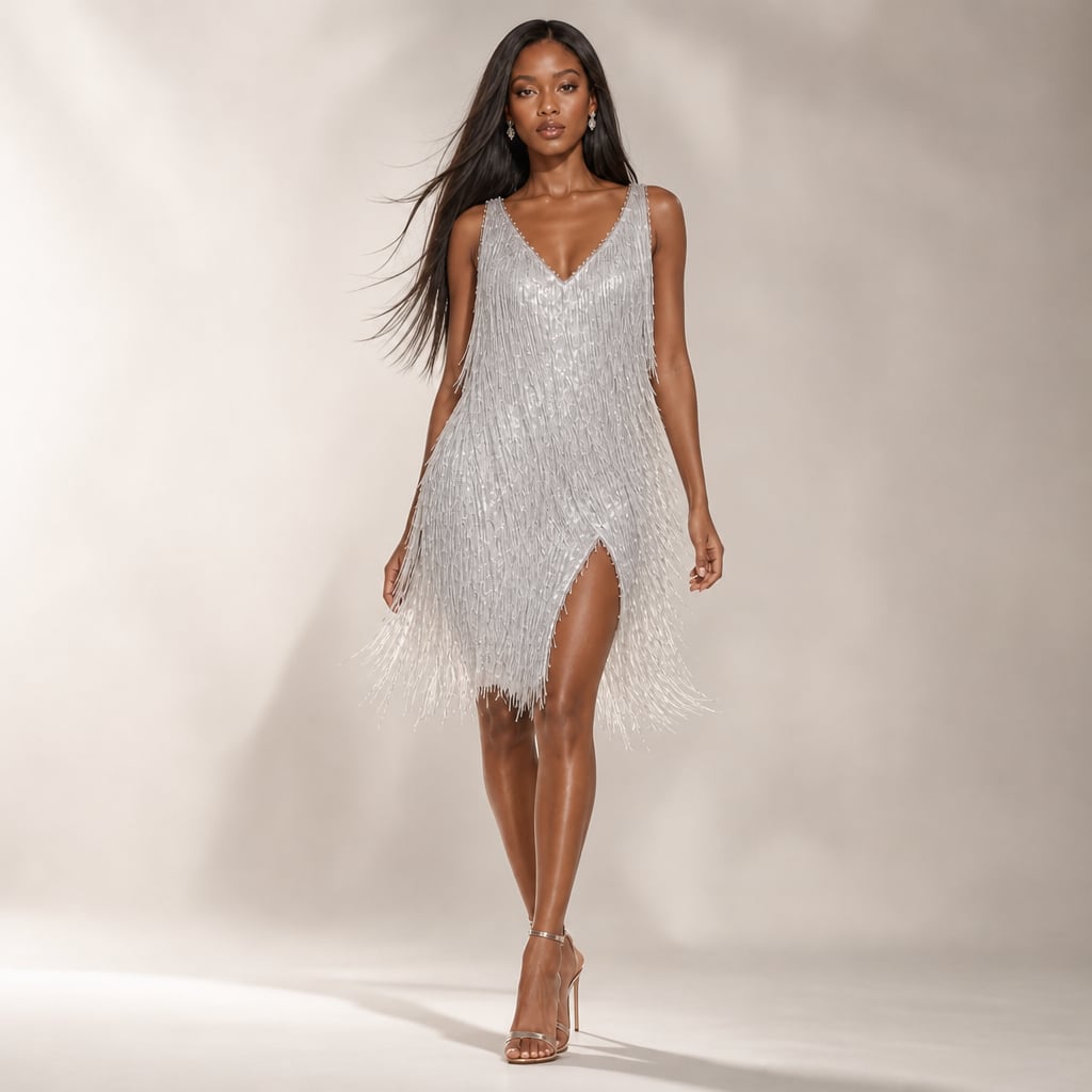Modelo con vestido mini de lentejuelas y flecos en movimiento, escote en V, corte sobre la rodilla