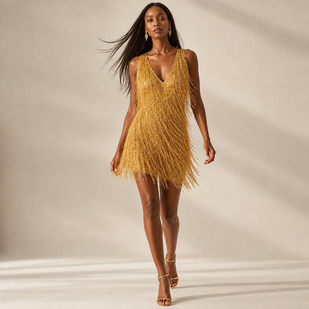 Vestido mini de lentejuelas con flecos escalonados escote en V en Gold – Labetina