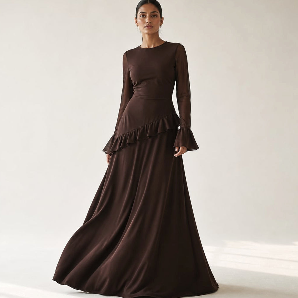 Vestido maxi con volantes en manga y falda amplia en Espresso – Labetina