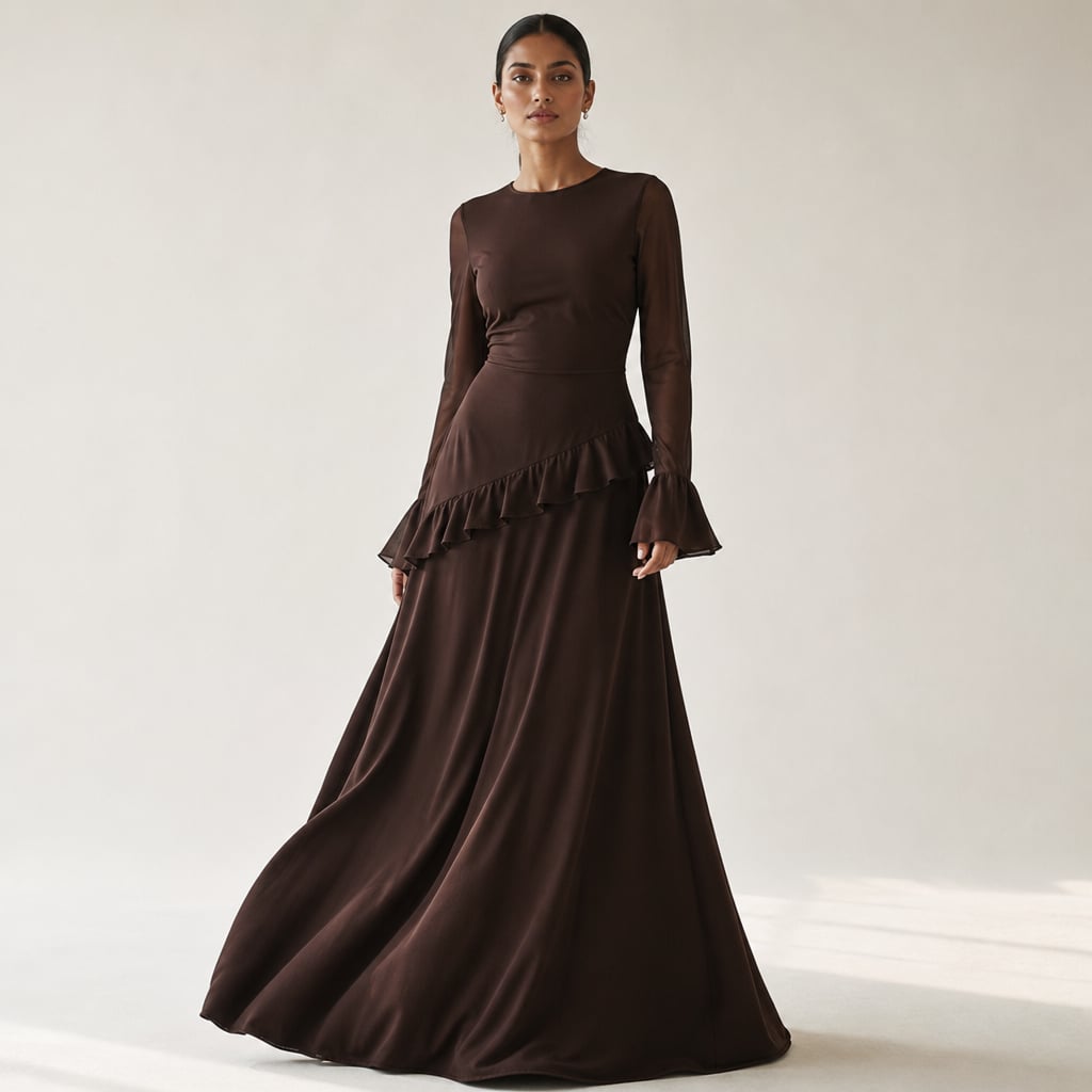 Vestido maxi con volantes en manga y falda amplia en Espresso – Labetina