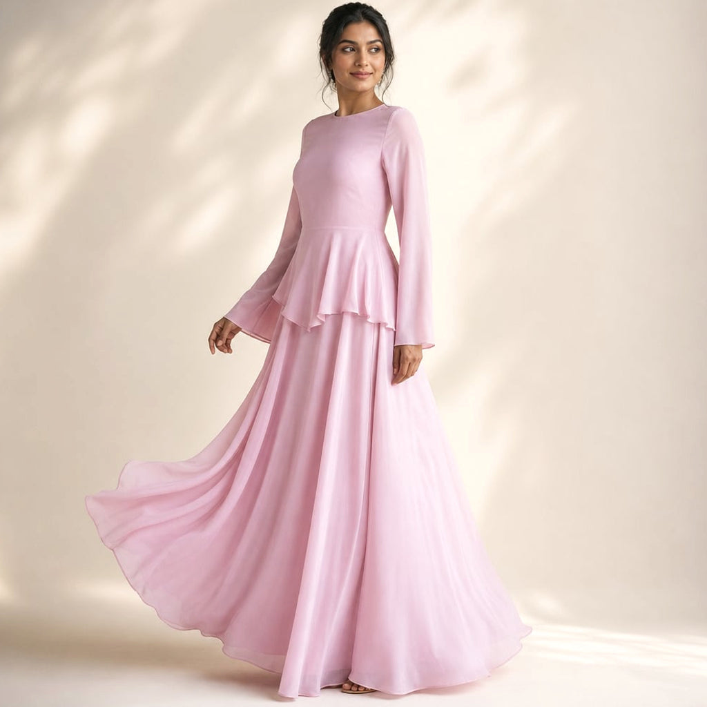 Vestido maxi con volantes en manga y falda amplia en Pink – Labetina